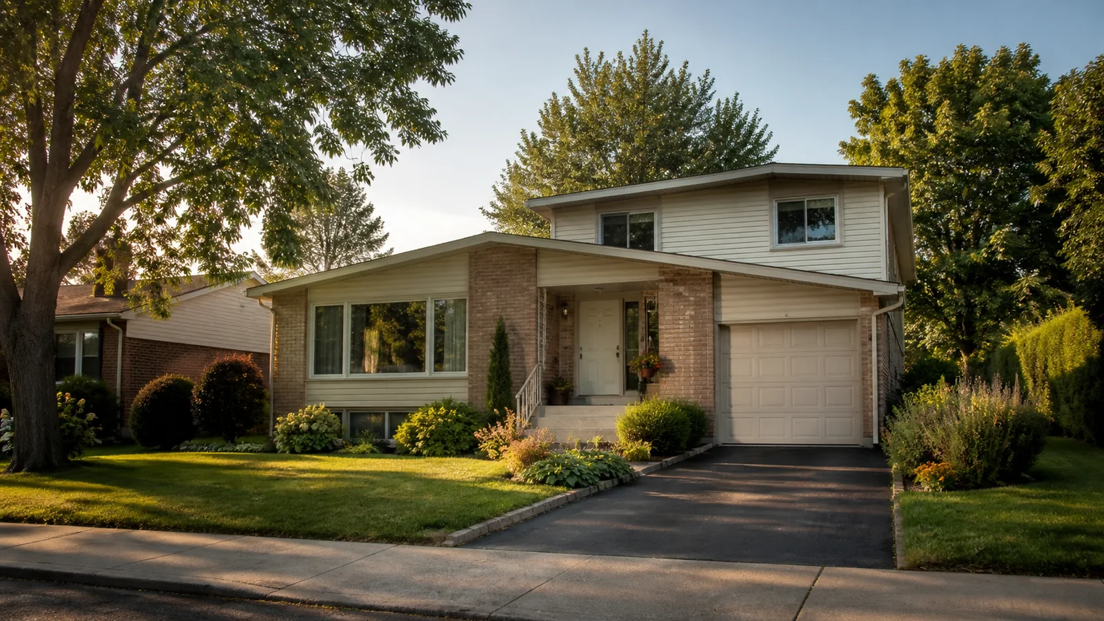 Maison familiale à demi-niveaux entourée d’arbres matures dans un quartier de Laval.
