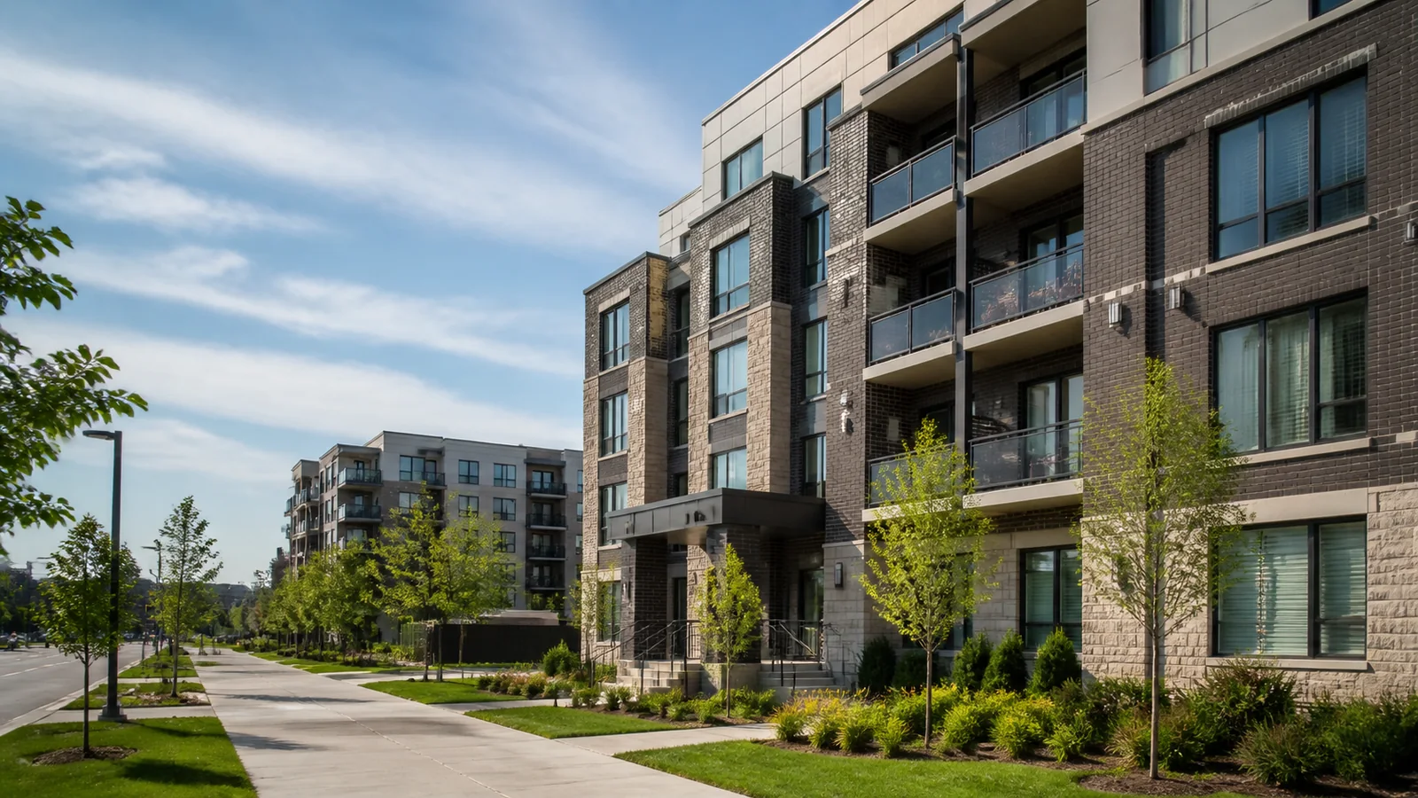Immeuble de copropriétés contemporain dans un secteur urbain verdoyant de Laval.