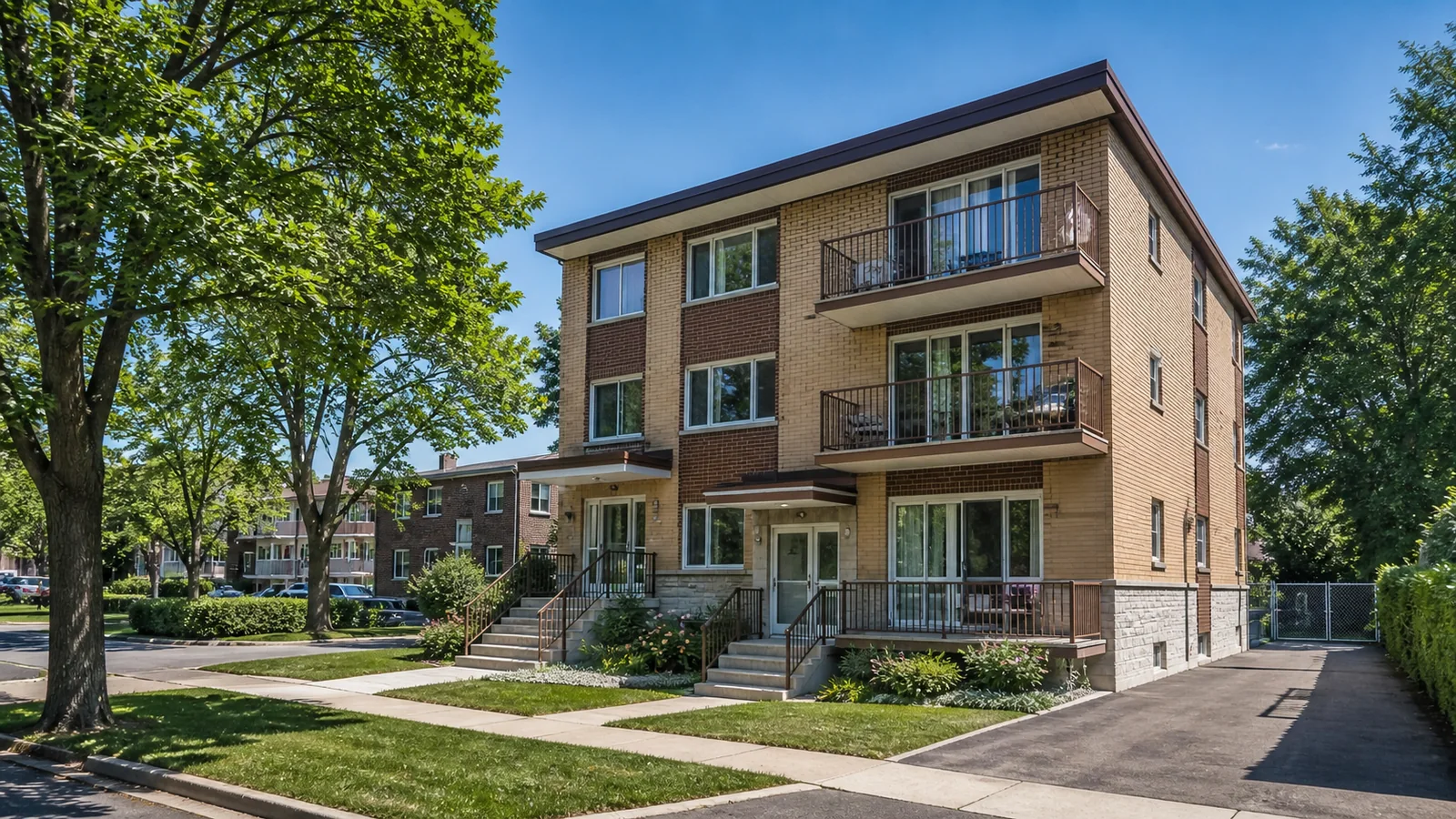 Duplex en brique avec balcons dans un secteur résidentiel de Laval.