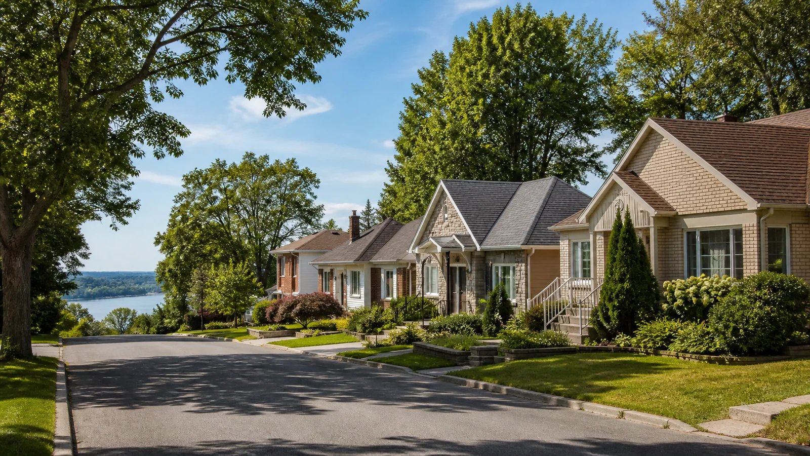 Rue résidentielle verdoyante de Laval bordée de maisons unifamiliales près de la rivière.