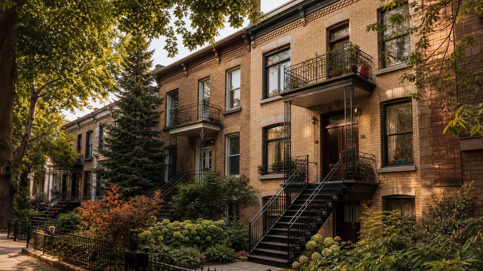 Duplex familial en brique entouré d’arbres matures dans Le Plateau-Mont-Royal.