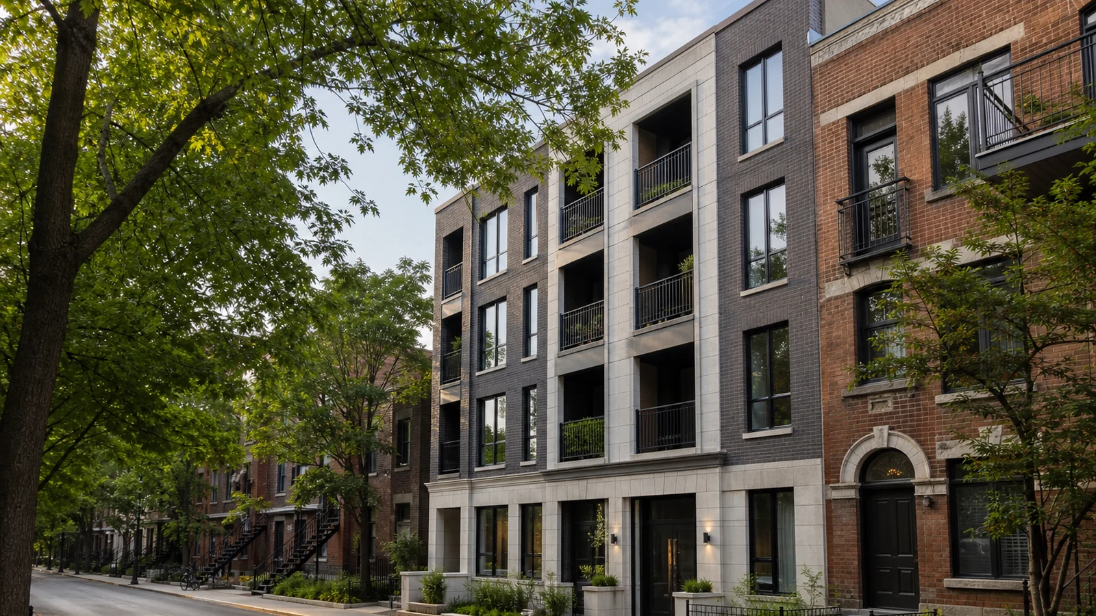 Immeuble de copropriétés contemporain intégré à une rue du Plateau-Mont-Royal.
