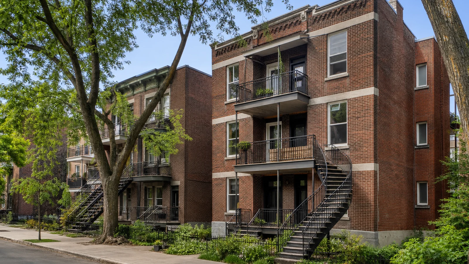 Triplex en brique avec balcons dans une rue résidentielle du Plateau-Mont-Royal.