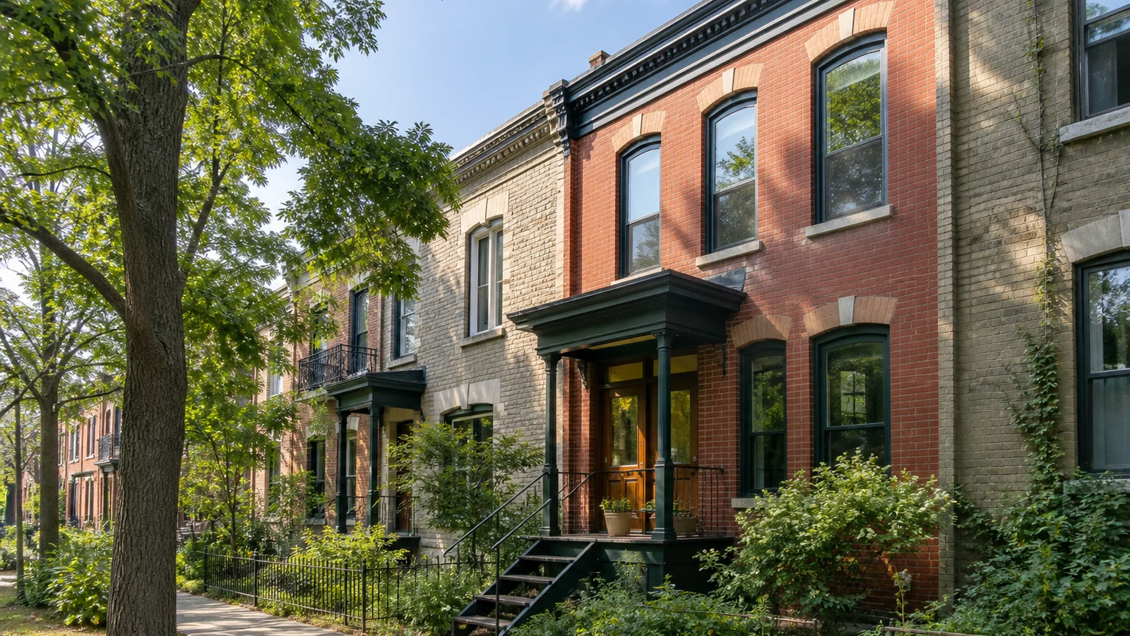 Maison de ville en brique avec jardin dans une rue arborée du Plateau-Mont-Royal.