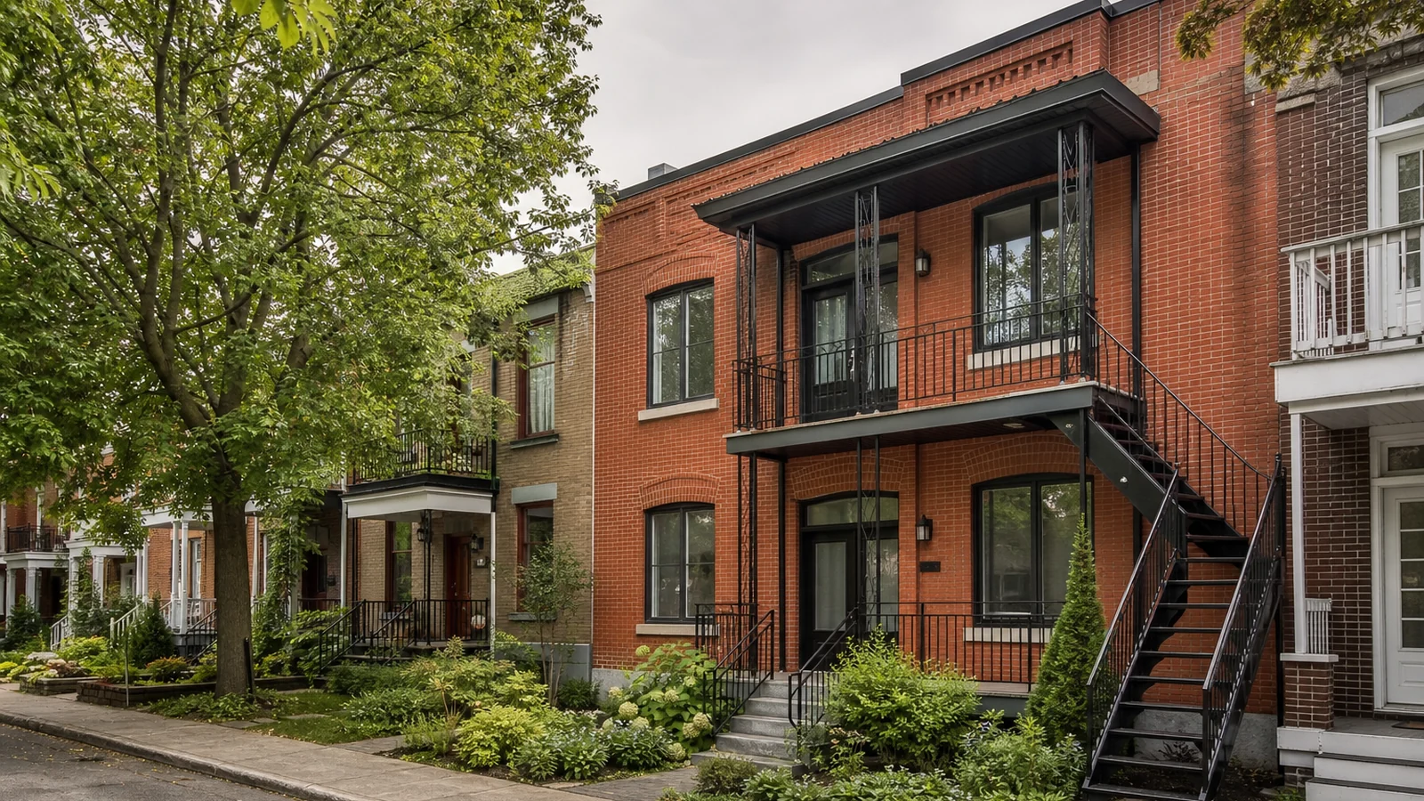 Duplex en brique dans une rue calme et arborée du Plateau-Mont-Royal.