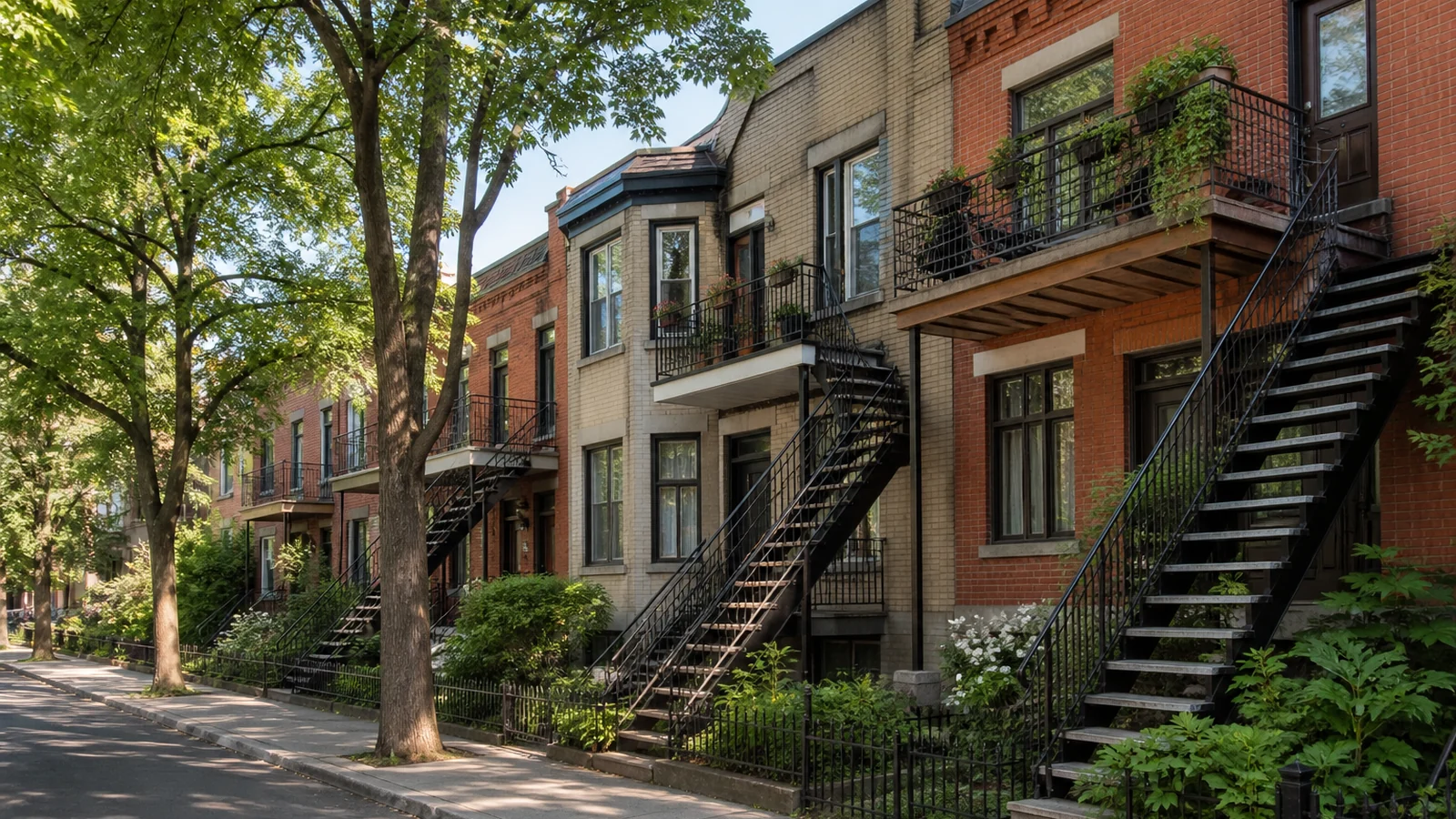 Rue arborée du Plateau-Mont-Royal bordée de duplex et triplex en brique avec escaliers extérieurs.
