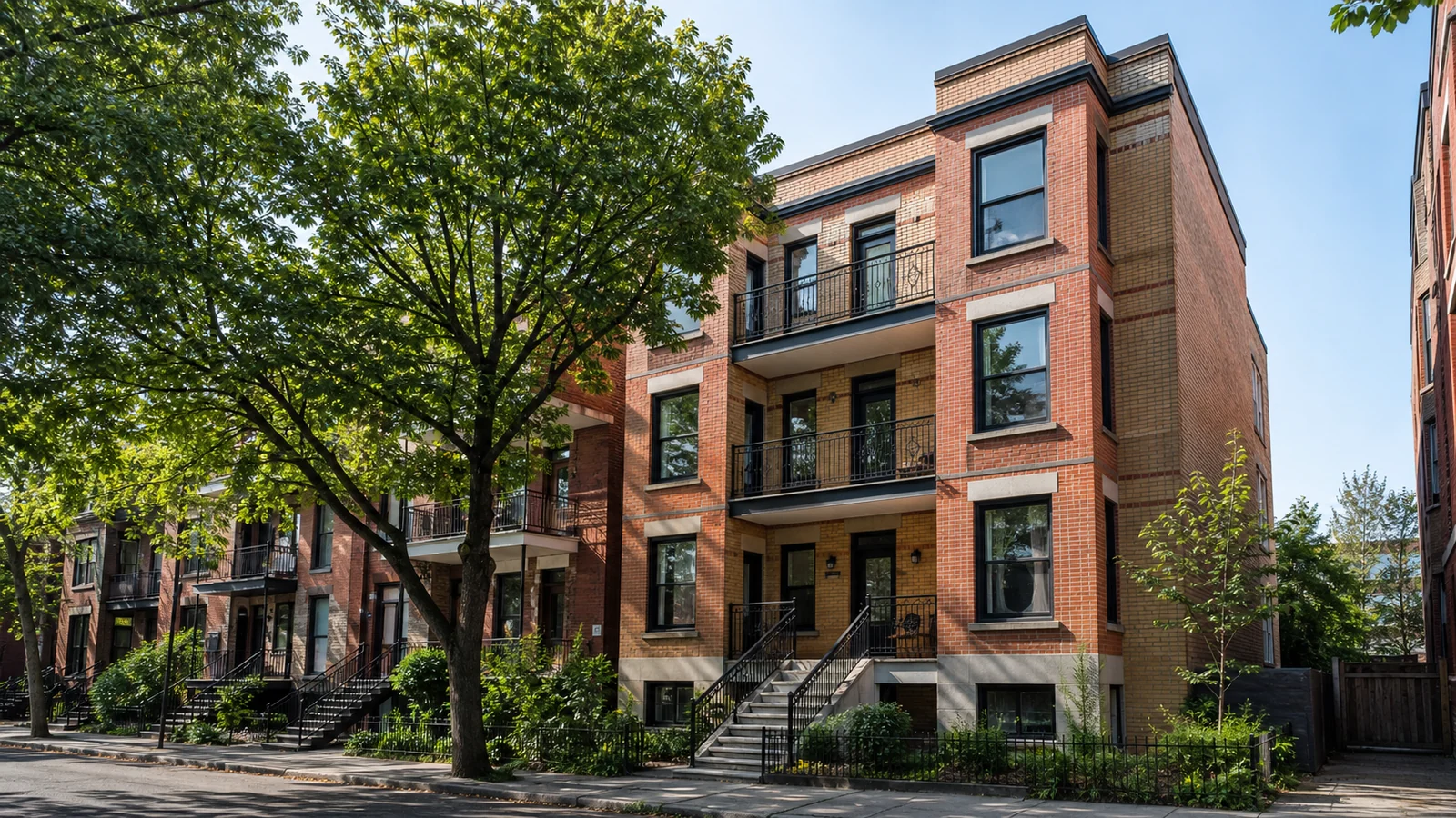Triplex en brique avec balcons dans une rue résidentielle du Sud-Ouest.