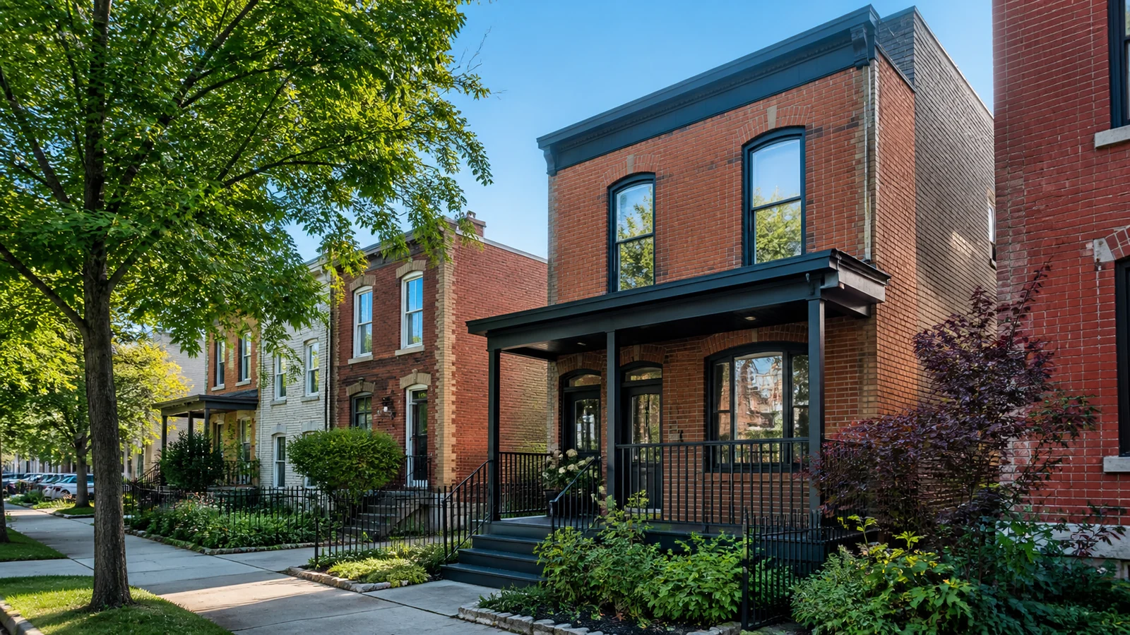 Maison de ville en brique avec jardin dans une rue arborée du Sud-Ouest.
