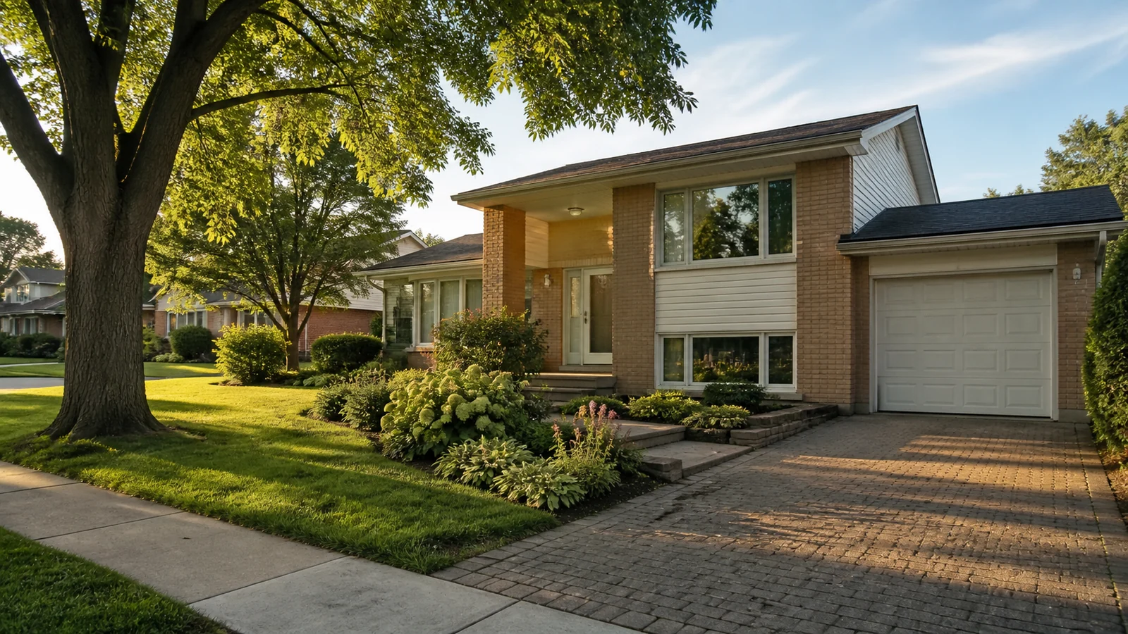 Maison familiale à demi-niveaux entourée d’arbres matures dans Longueuil.