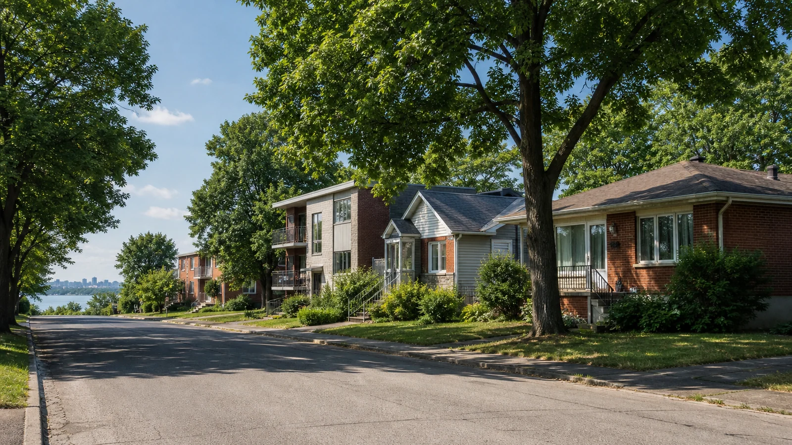 Rue résidentielle arborée de Longueuil bordée de maisons, bungalows et petits immeubles en brique.