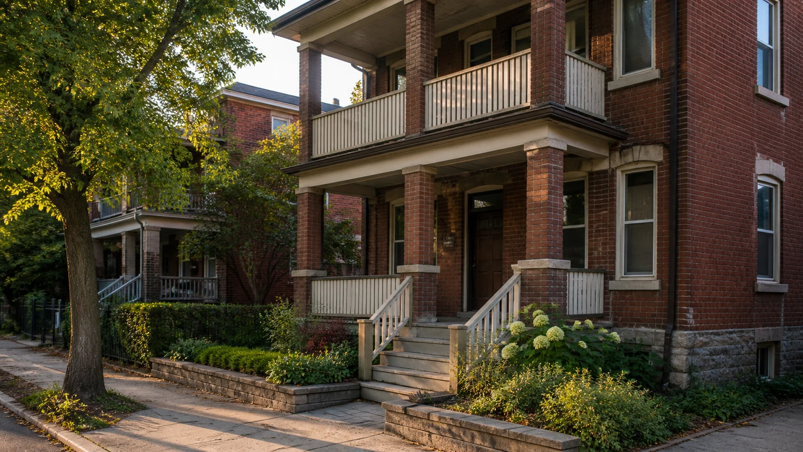Maison familiale en brique avec galerie entourée d’arbres matures dans Mercier–Hochelaga-Maisonneuve.
