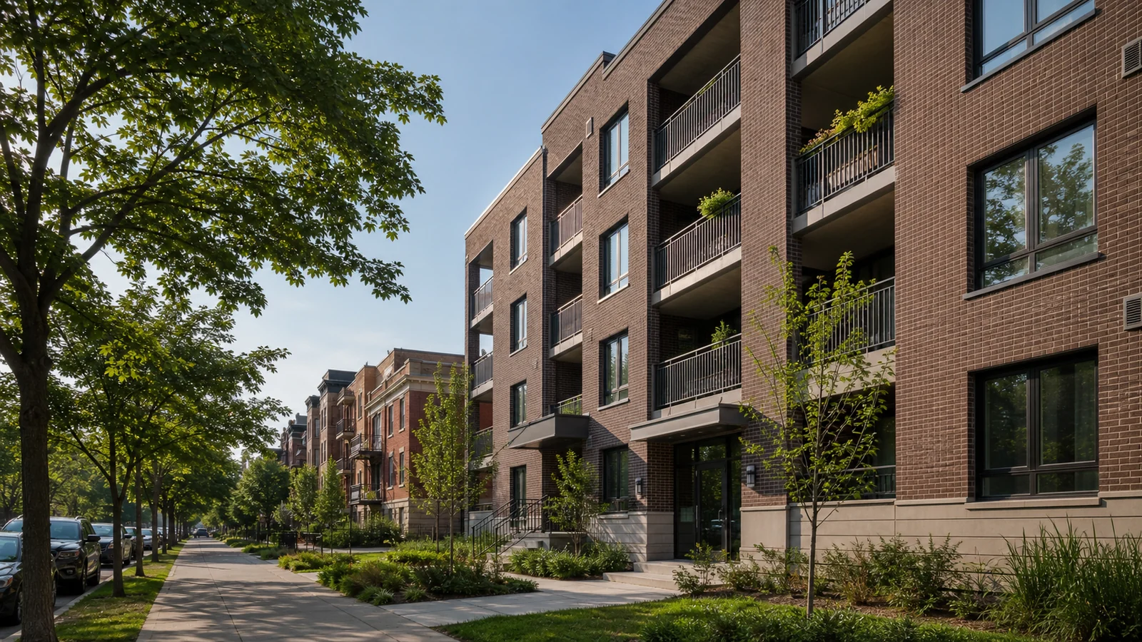 Immeuble de copropriétés contemporain intégré à une rue du Mercier–Hochelaga-Maisonneuve.