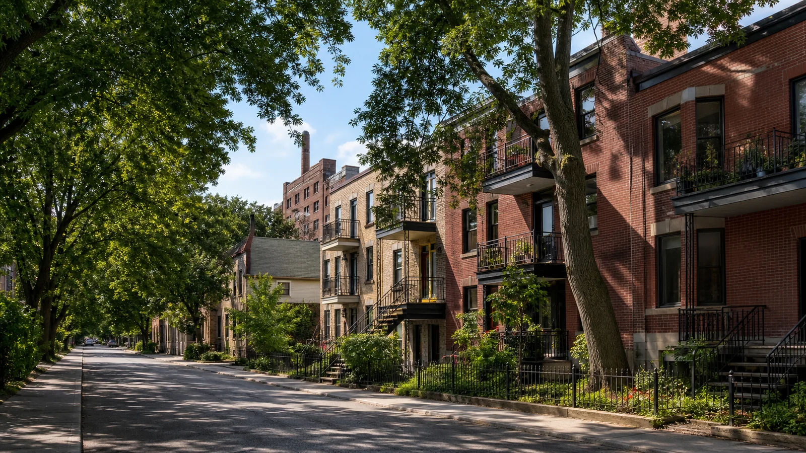Rue arborée du Mercier–Hochelaga-Maisonneuve bordée de duplex et triplex en brique avec escaliers extérieurs.