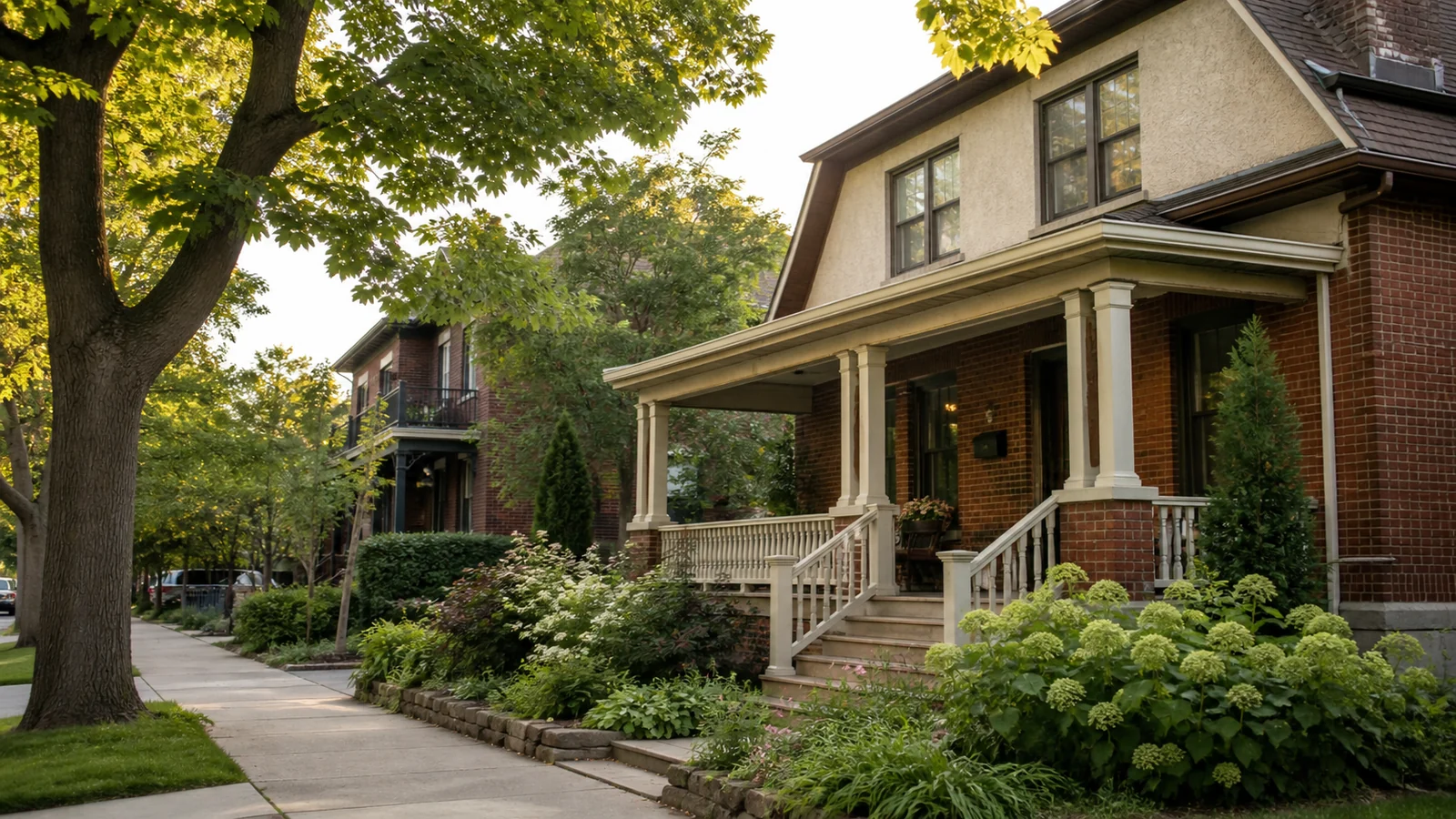 Maison familiale en brique avec grande galerie entourée d’arbres matures dans NDG–Montréal-Ouest.