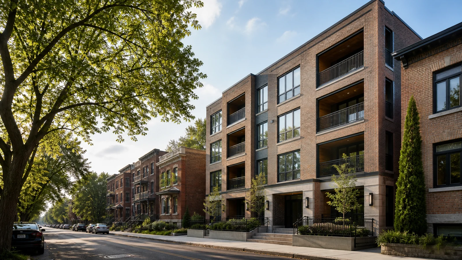 Immeuble de copropriétés contemporain intégré à une rue du NDG–Montréal-Ouest.