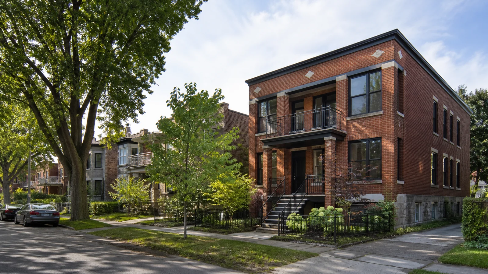 Triplex en brique avec balcons dans une rue résidentielle du NDG–Montréal-Ouest.
