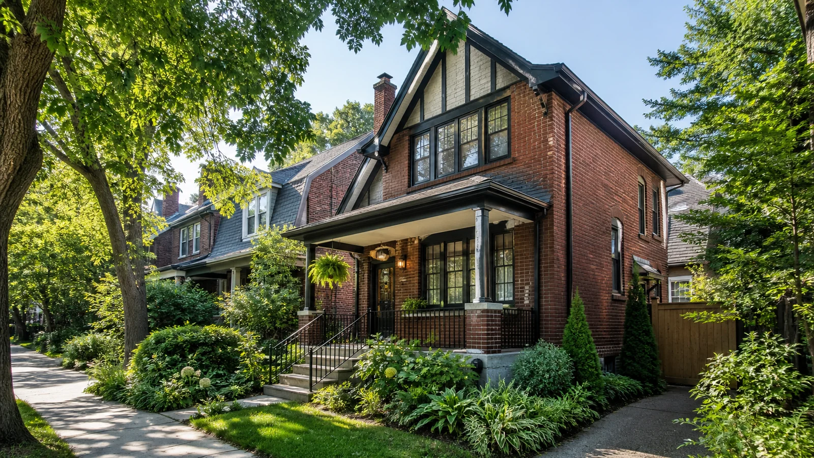 Maison de ville en brique avec jardin dans une rue arborée du NDG–Montréal-Ouest.