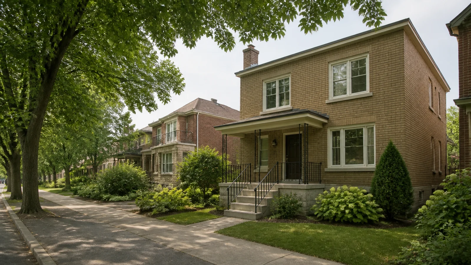 Duplex en brique dans une rue calme et arborée du NDG–Montréal-Ouest.