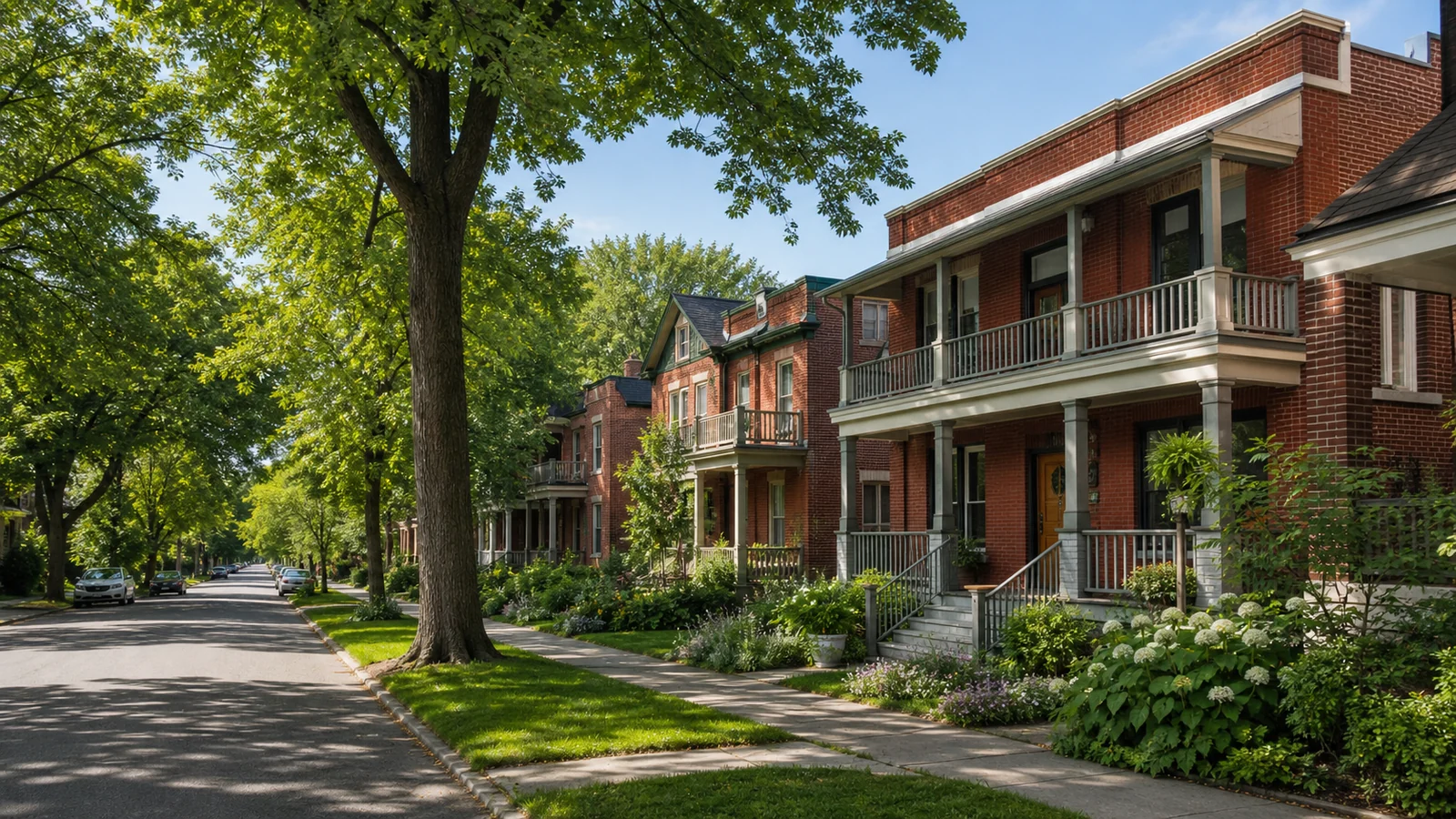 Rue résidentielle arborée de NDG–Montréal-Ouest bordée de maisons et de duplex en brique avec grandes galeries.