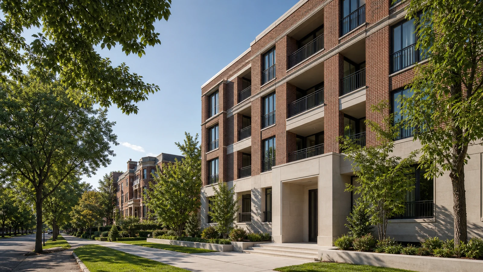 Immeuble de copropriétés contemporain intégré à une rue d’Outremont, Westmount ou Mont-Royal.