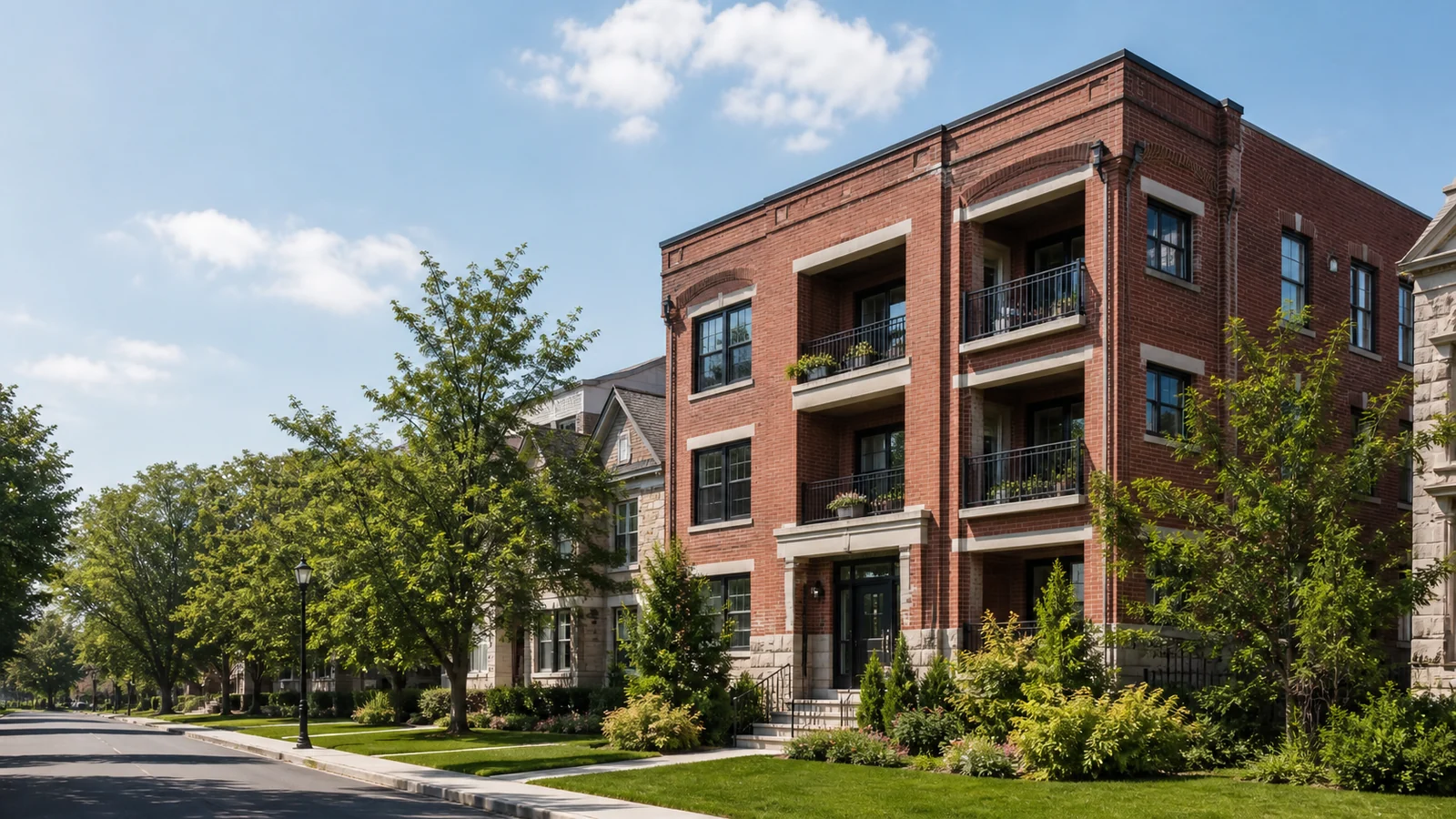 Triplex en brique avec balcons dans une rue résidentielle d’Outremont, Westmount ou Mont-Royal.