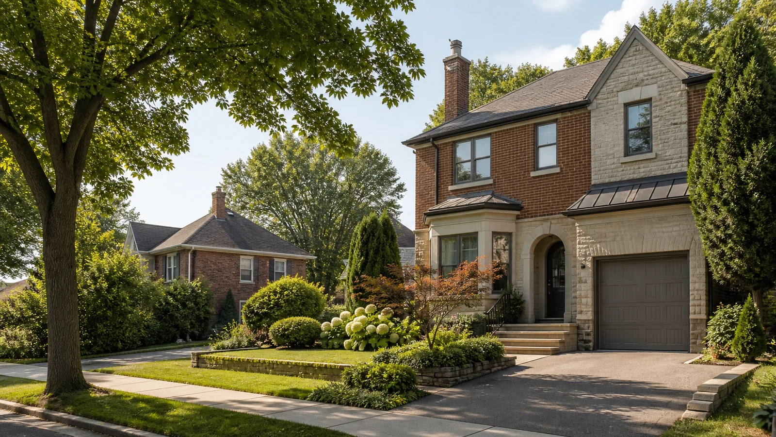 Maison de ville en brique avec jardin dans une rue arborée d’Outremont, Westmount ou Mont-Royal.