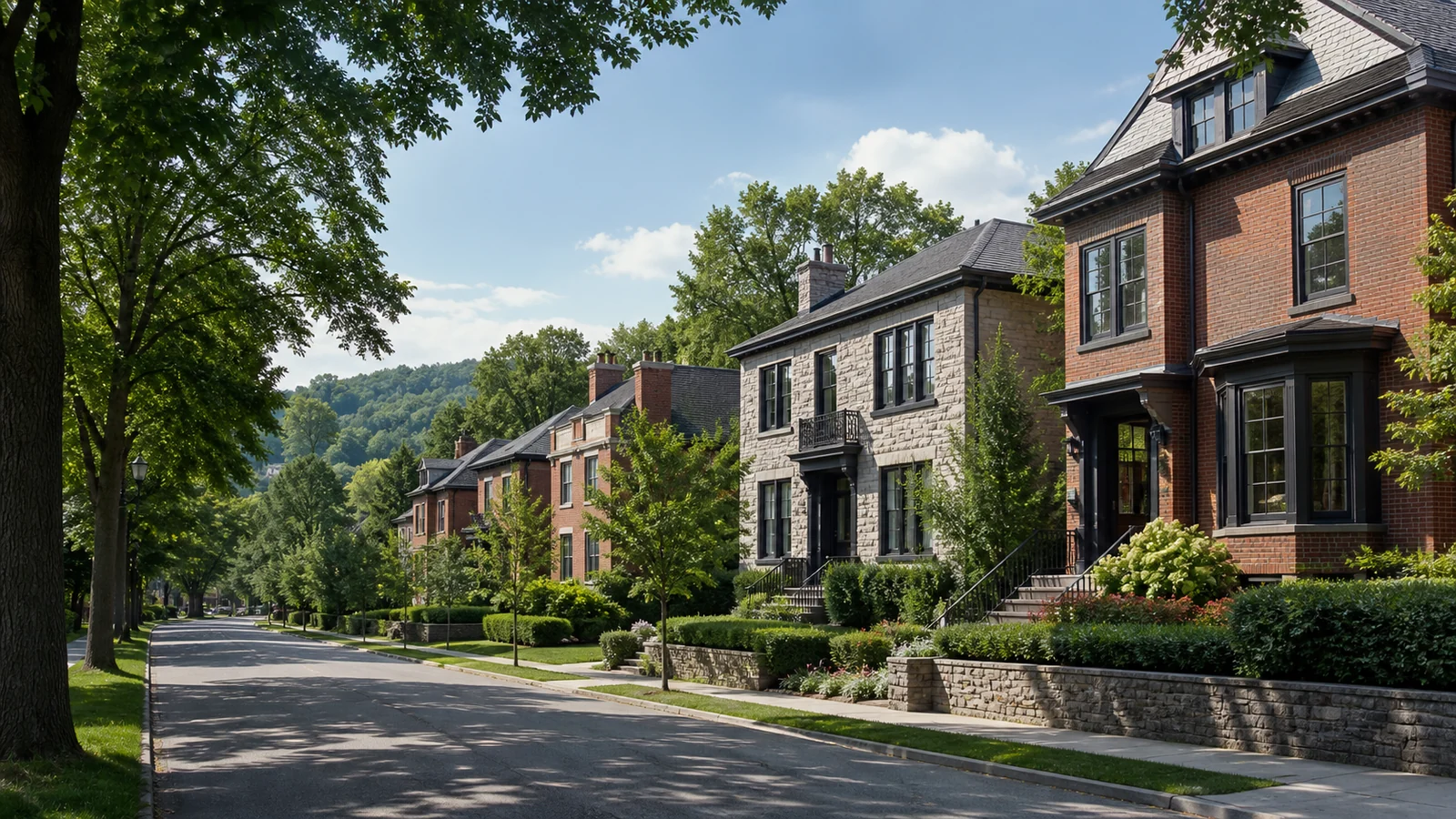 Avenue résidentielle arborée bordée de maisons en brique et pierre à Outremont, Westmount ou Mont-Royal.