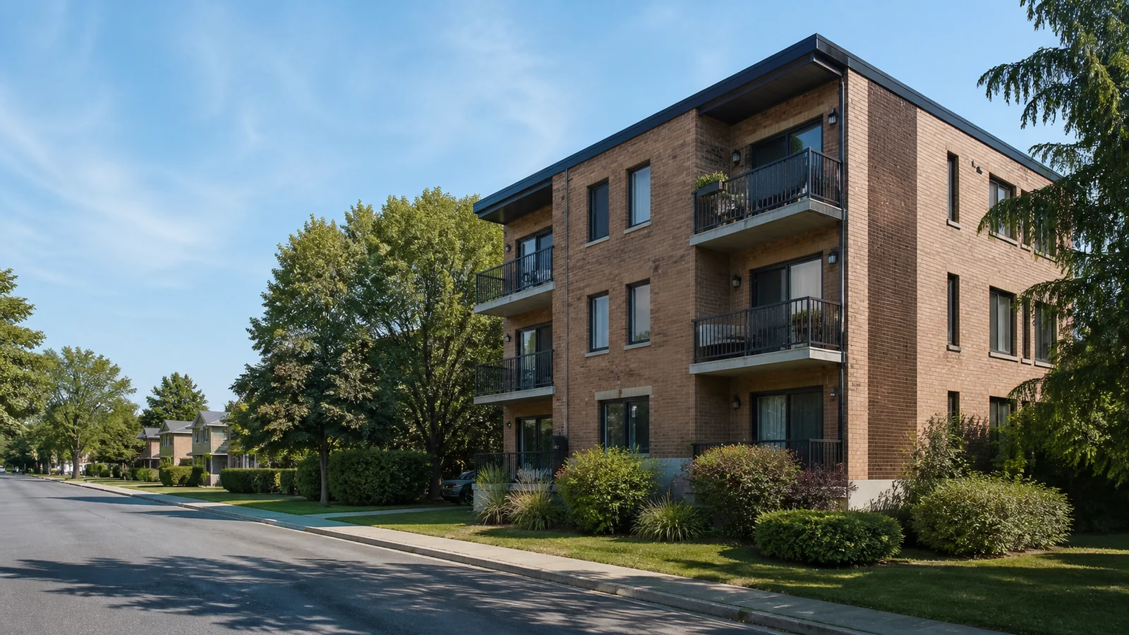 Triplex en brique avec balcons dans une rue résidentielle de Repentigny.