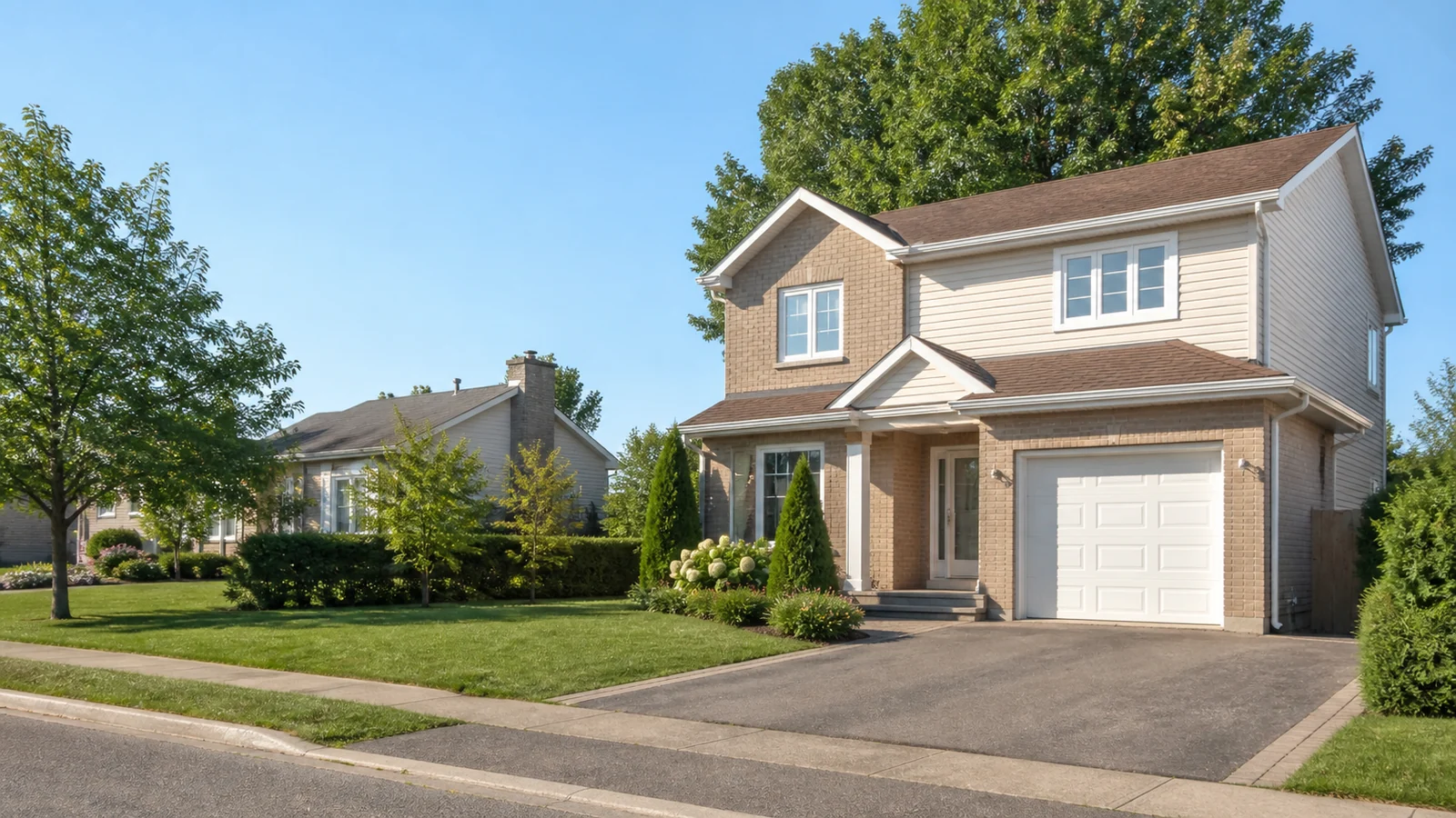 Maison de ville en brique avec jardin dans une rue arborée de Repentigny.
