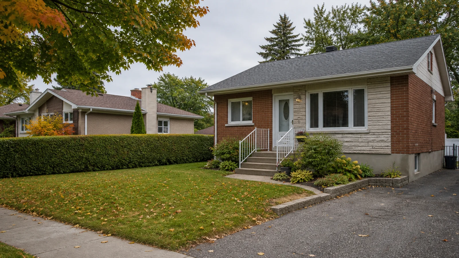 Bungalow en brique dans une rue calme et arborée de Repentigny.