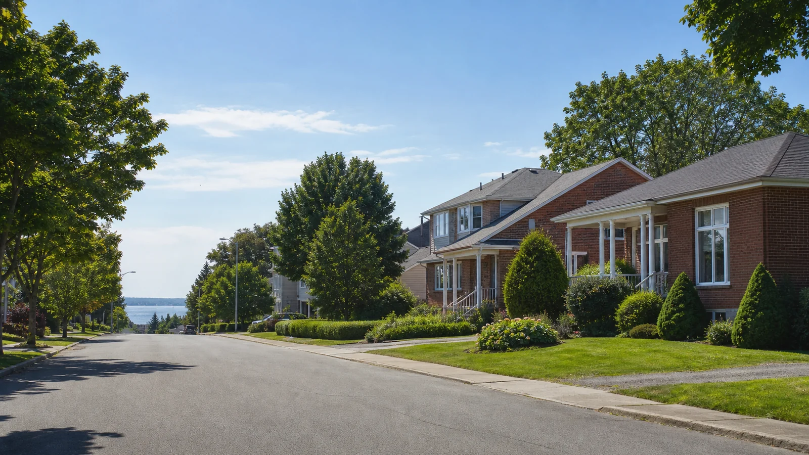 Rue résidentielle arborée de Repentigny bordée de maisons familiales près du fleuve.