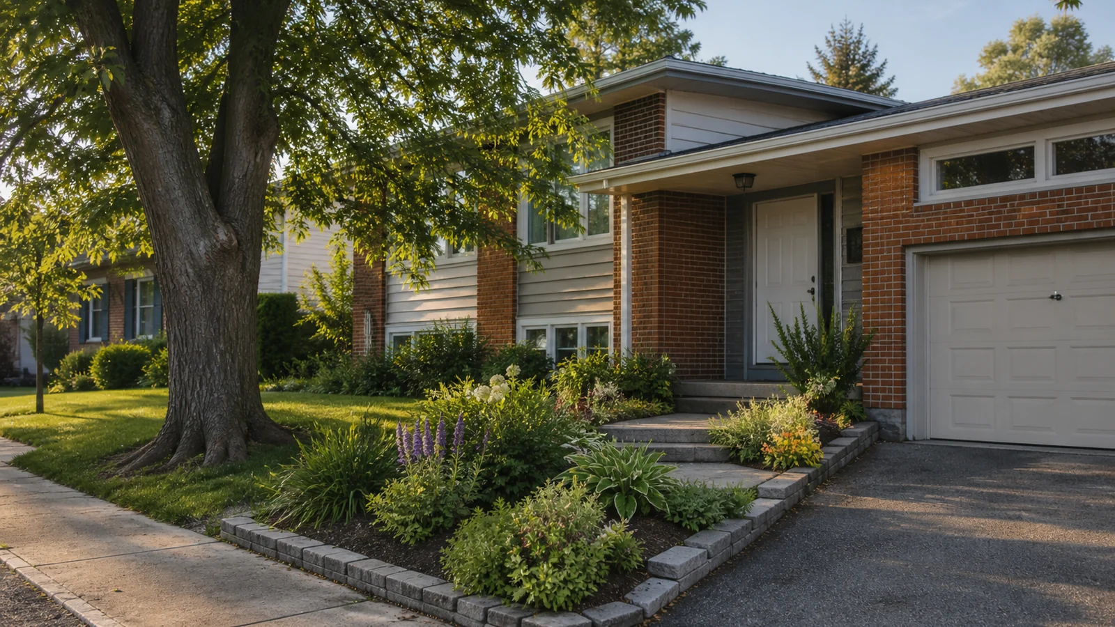 Maison familiale à demi-niveaux entourée d’arbres matures à Saint-Laurent.