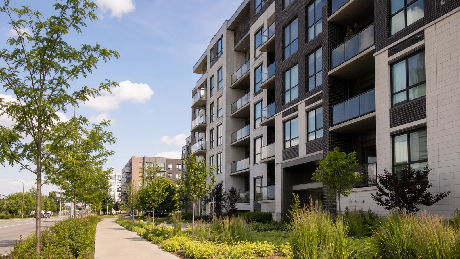 Immeuble de copropriétés contemporain intégré à une rue de Saint-Laurent.