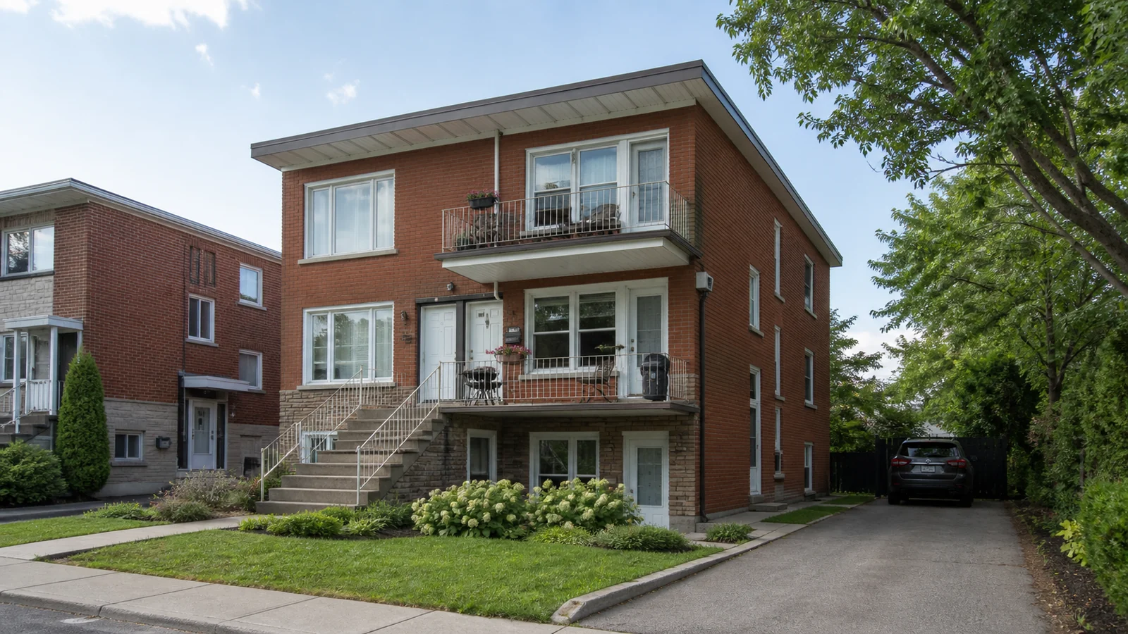 Triplex en brique avec balcons dans une rue résidentielle de Saint-Laurent.