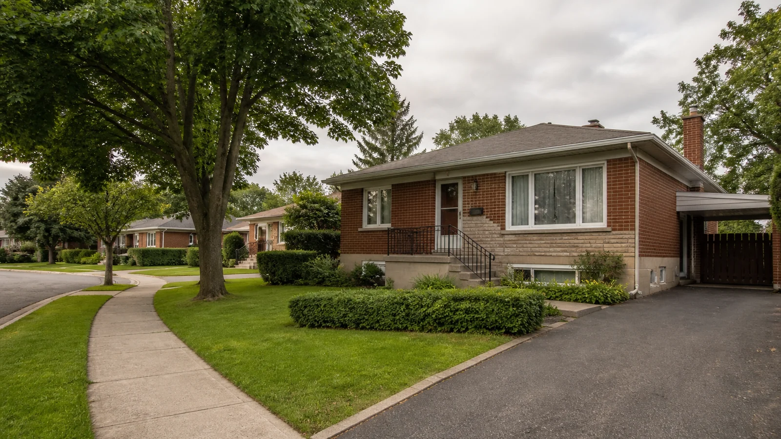 Bungalow en brique dans une rue calme et arborée de Saint-Laurent.