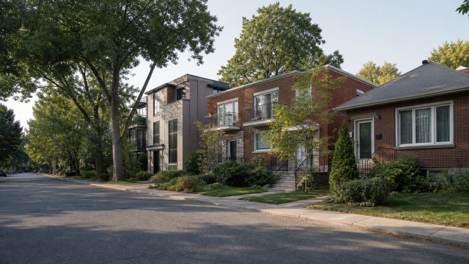 Rue résidentielle mature de Saint-Laurent réunissant maisons, duplex et bâtiments récents.