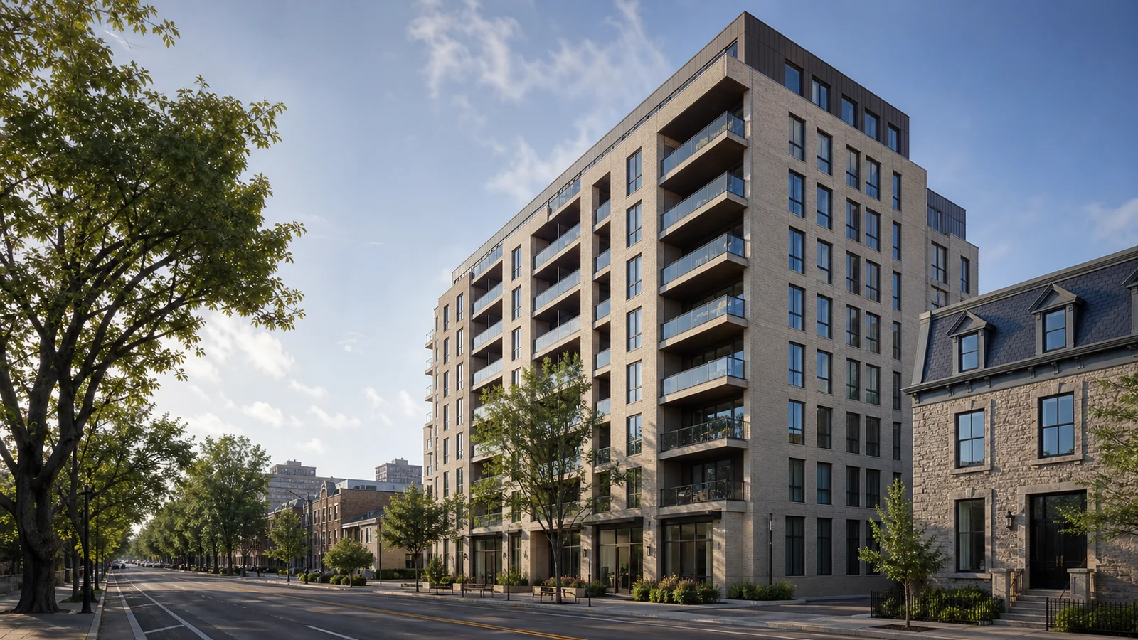 Immeuble de copropriétés contemporain intégré à une rue de Ville-Marie.