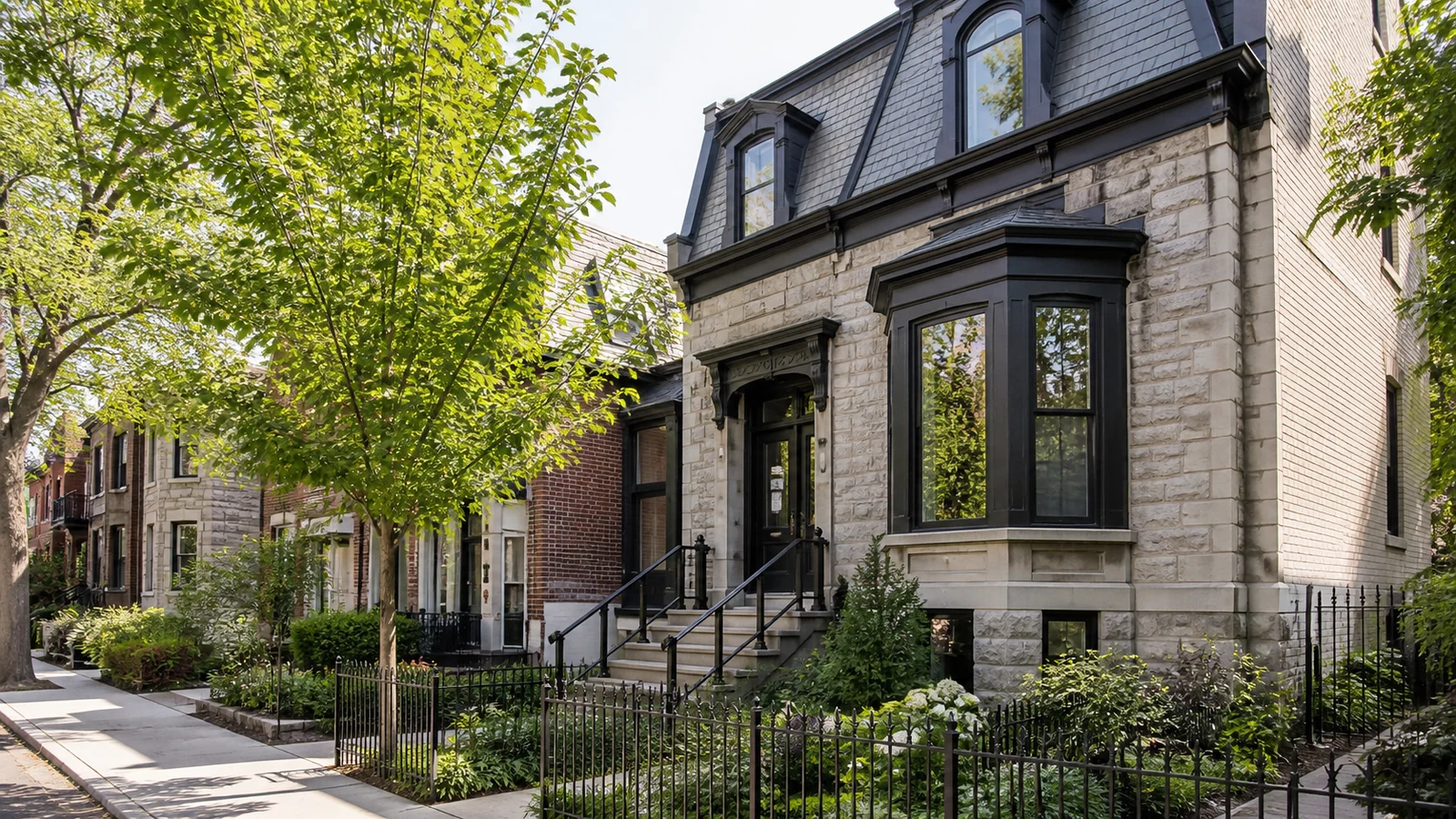 Maison de ville en brique avec jardin dans une rue arborée de Ville-Marie.