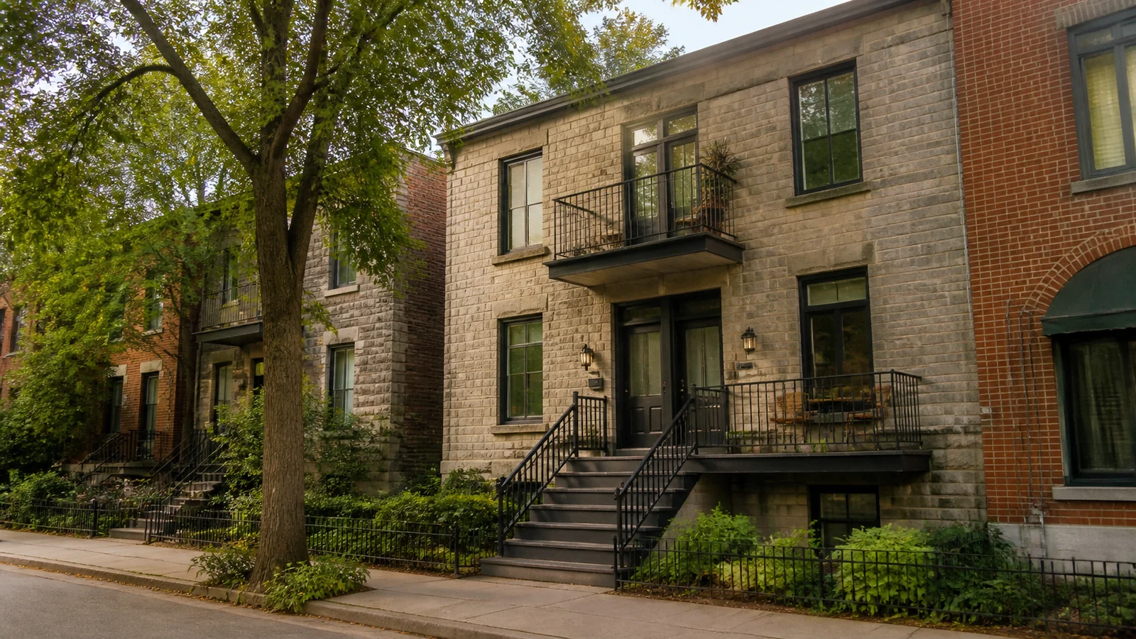 Petit immeuble en pierre dans une rue calme et arborée de Ville-Marie.