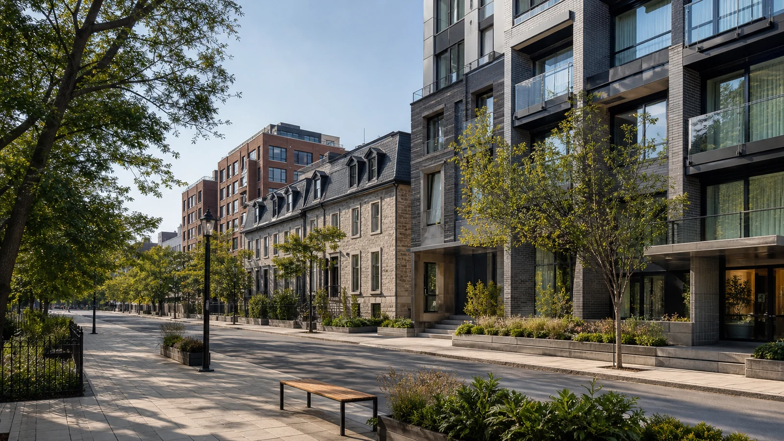 Rue centrale de Ville-Marie où bâtiments patrimoniaux et copropriétés contemporaines se côtoient.