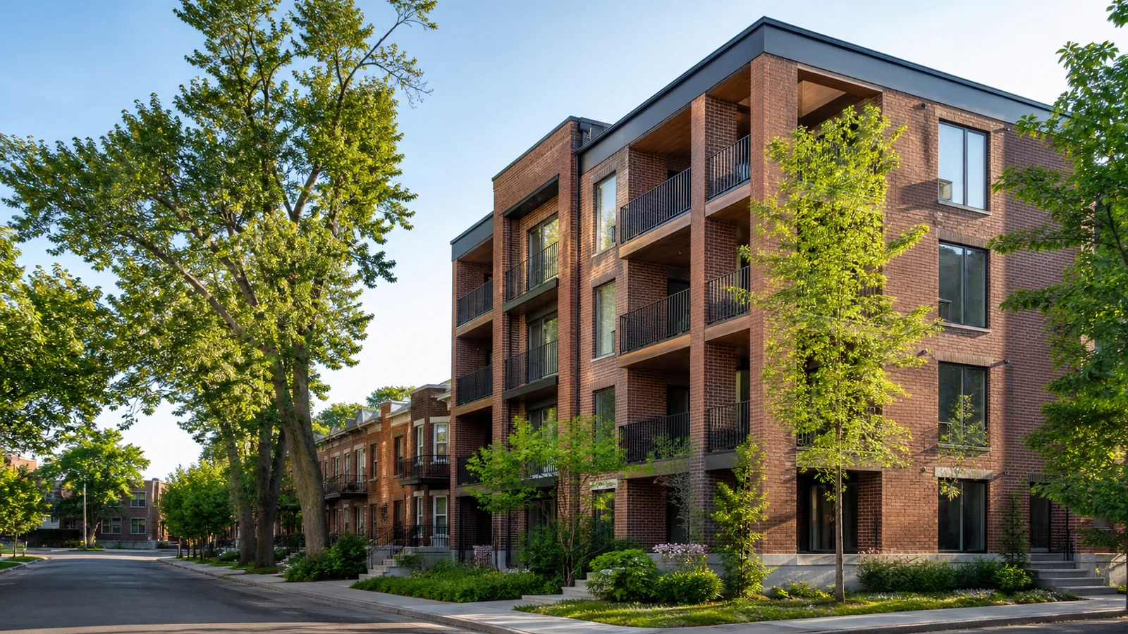 Immeuble de copropriétés contemporain intégré à une rue de Villeray–Saint-Michel–Parc-Extension.