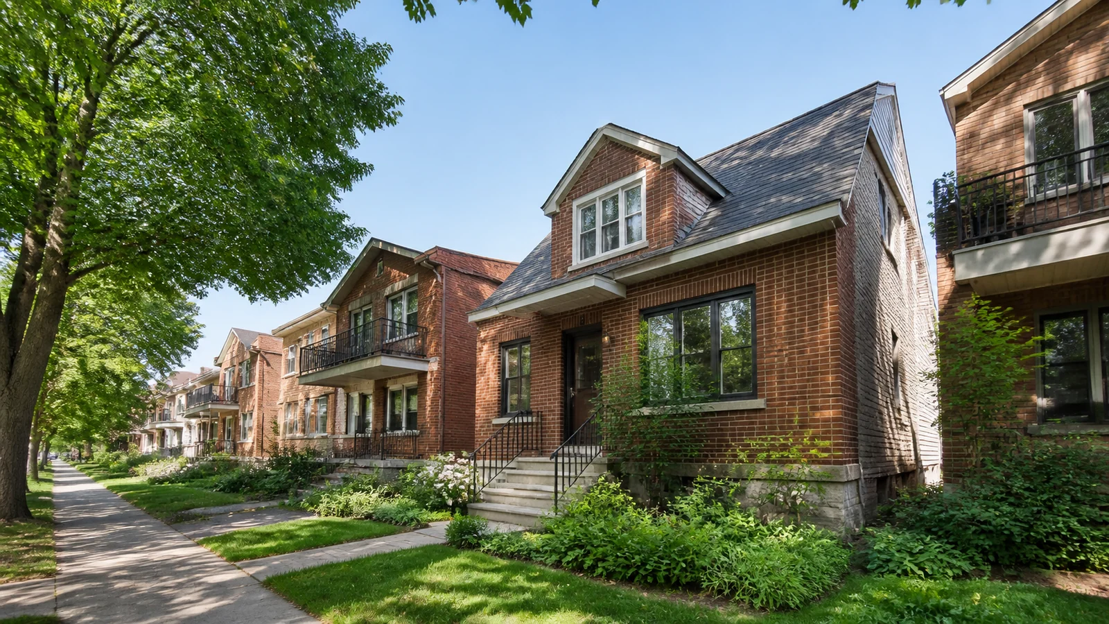 Maison de ville en brique avec jardin dans une rue arborée de Villeray–Saint-Michel–Parc-Extension.