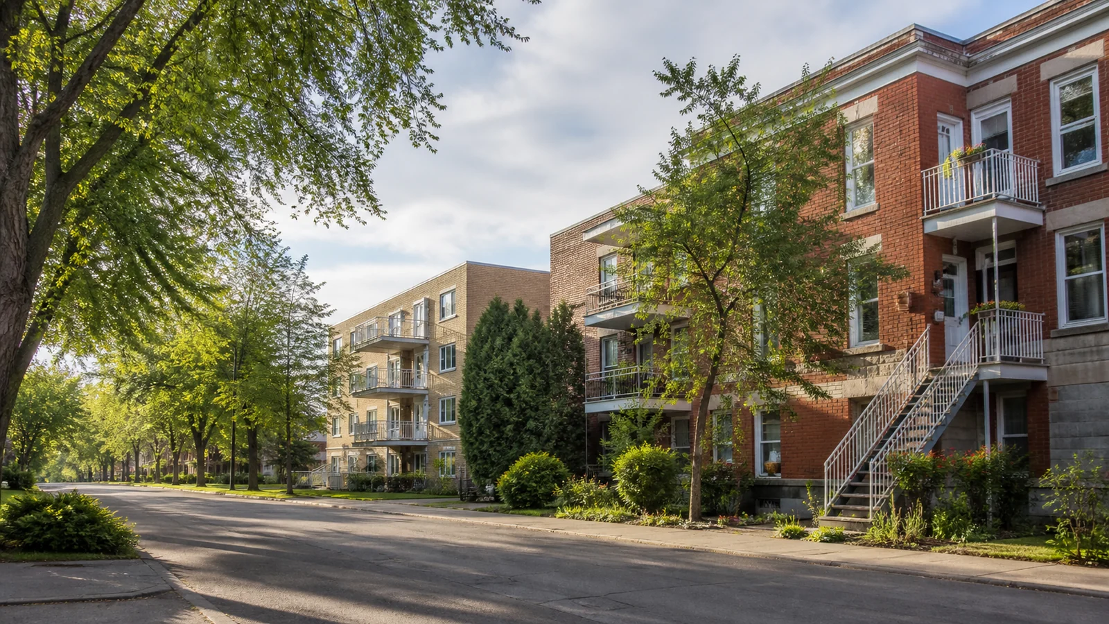 Rue arborée de Villeray–Saint-Michel–Parc-Extension réunissant plex et petits immeubles en brique.